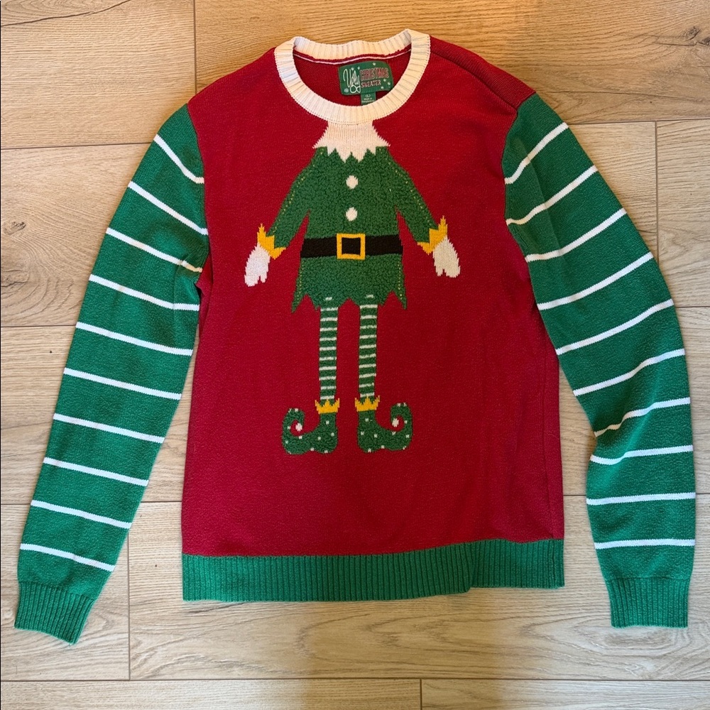 Ugly Christmas Sweater Red and Green Elf Crewneck (ugly sweater)